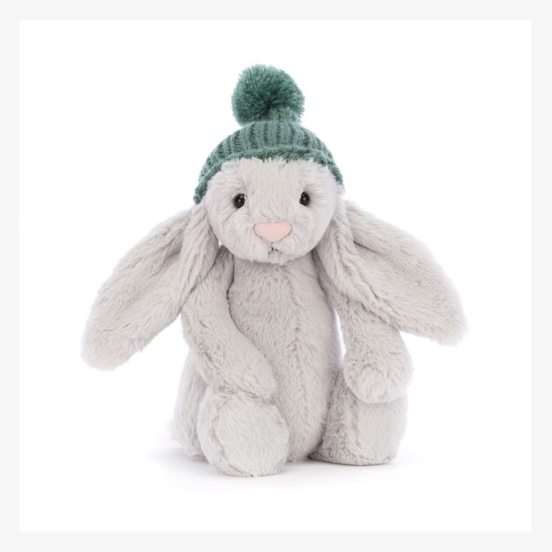 Peluche lapin bashful gris avec son petit bonnet vert de la marque Jellycat